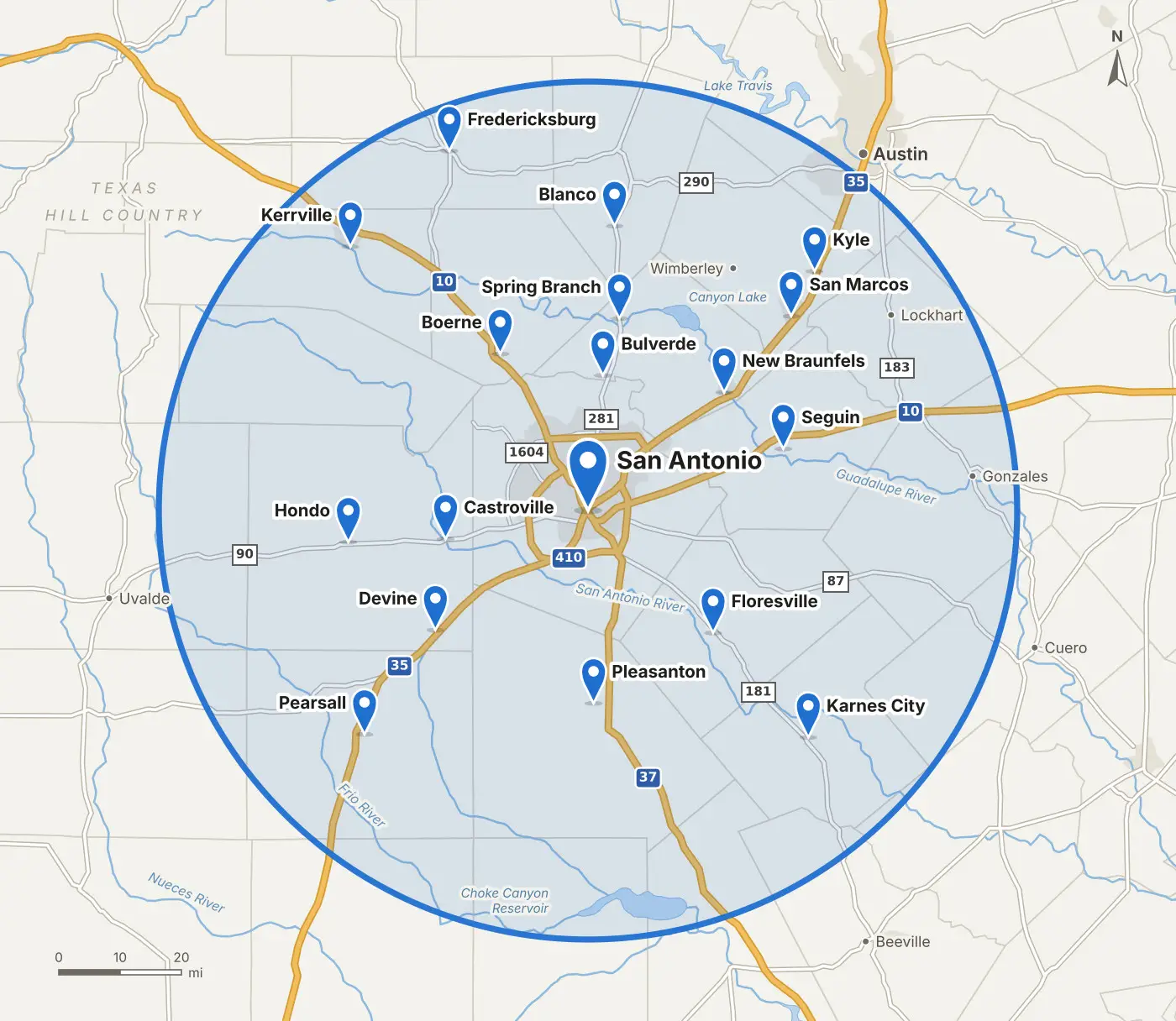 Map of the Sanchez Pools service area, about 70 miles around San Antonio, including Boerne, New Braunfels, Seguin, San Marcos, Kerrville, Fredericksburg, Hondo, Castroville, Pleasanton, and Floresville